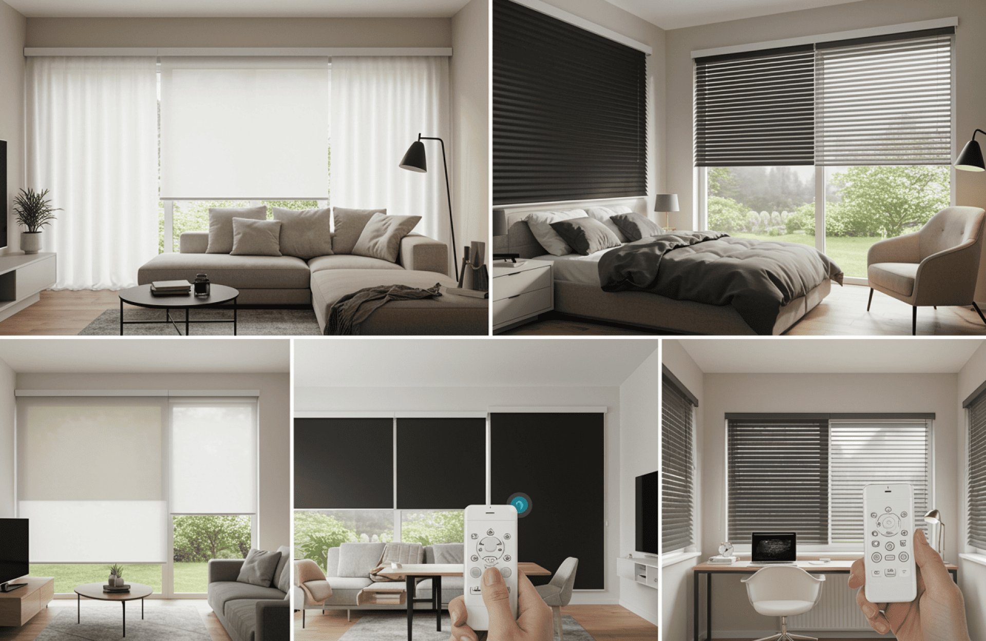 Symmetry Shading Collage of living spaces with large windows featuring various motorized blinds, both open and closed, operated by remote controls. Shading & Automation Specialists