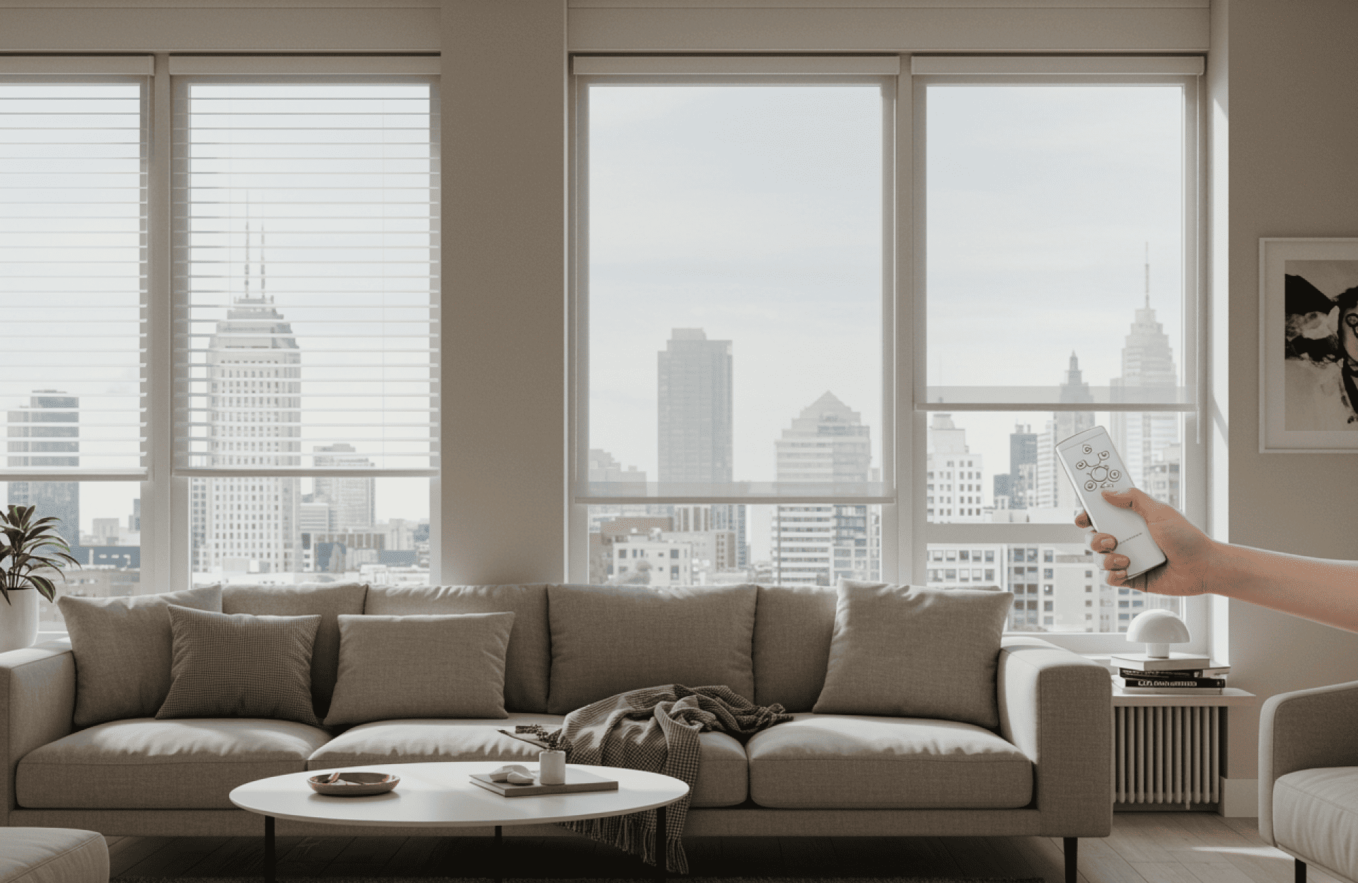 Symmetry Shading A person uses a remote control to adjust window blinds in a modern living room with large windows overlooking a city skyline. Shading & Automation Specialists
