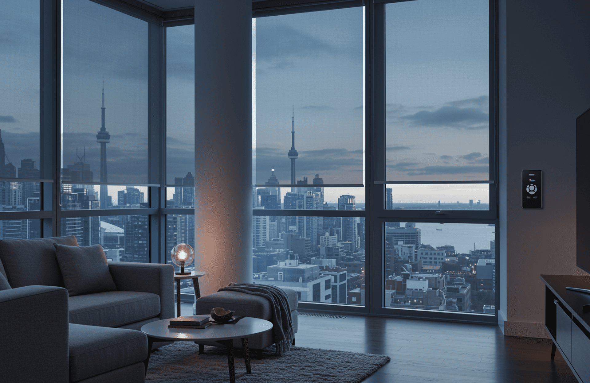 Symmetry Shading Modern apartment living room with large windows overlooking a city skyline at dusk, featuring a sofa, coffee table, lamp, and smart home control panel on the wall. Shading & Automation Specialists